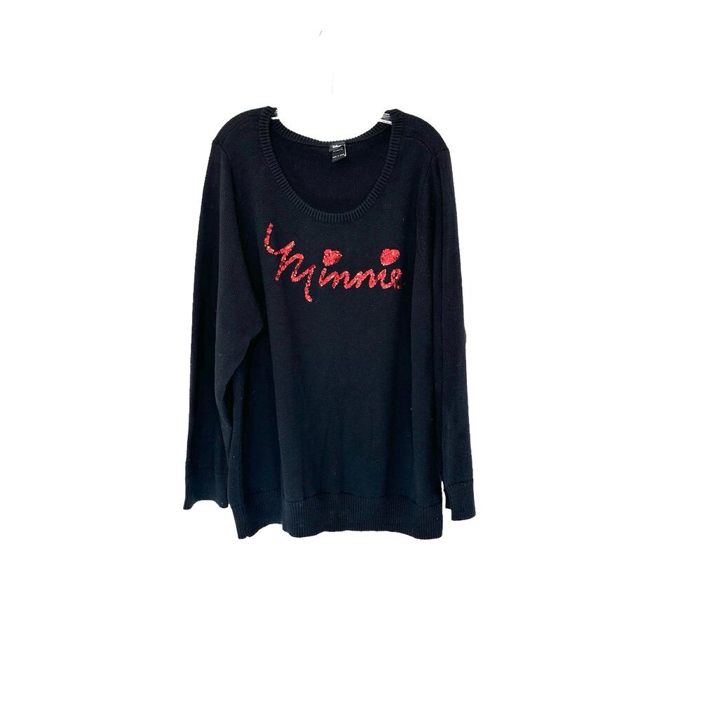 Disney Women's Plus Black Red Sequin Minnie Crew Neck Cable Knit Sweater Size 3X